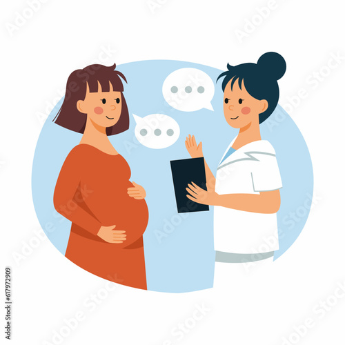 Happy pregnant woman at appointment with genicologist. Female doctor.