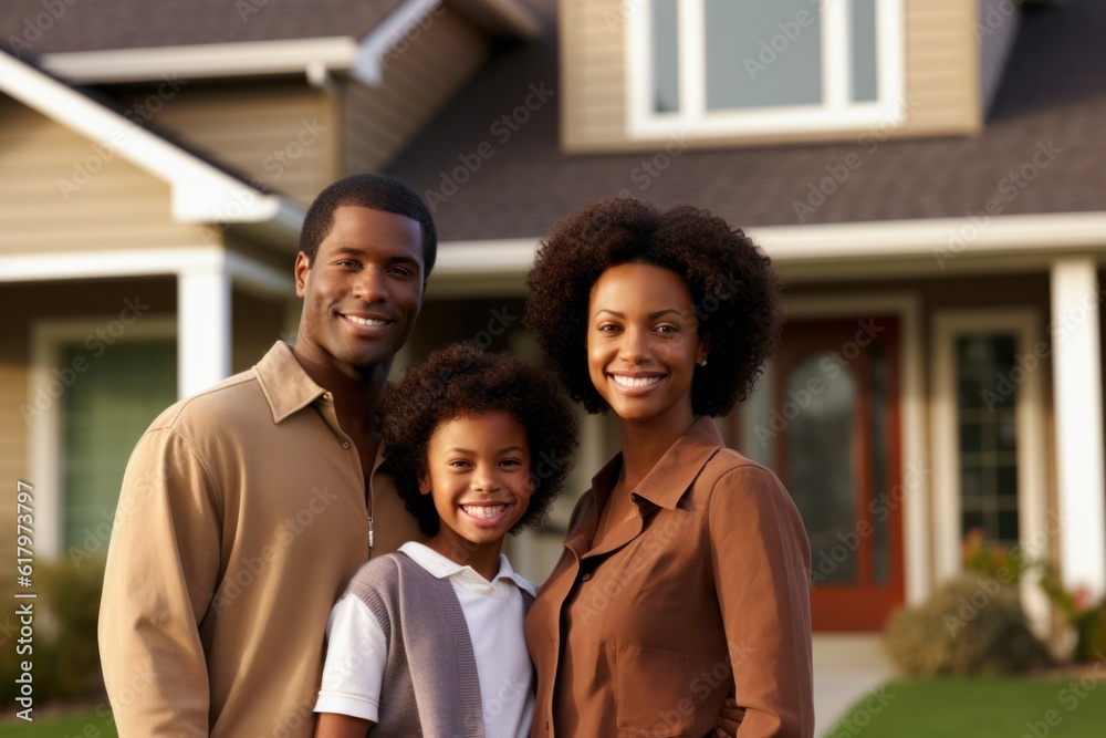 African American family in front of newly bought house ownership smile proudly at real estate success, African American family in front of newly bought house ownership smile proudly at real estate success,