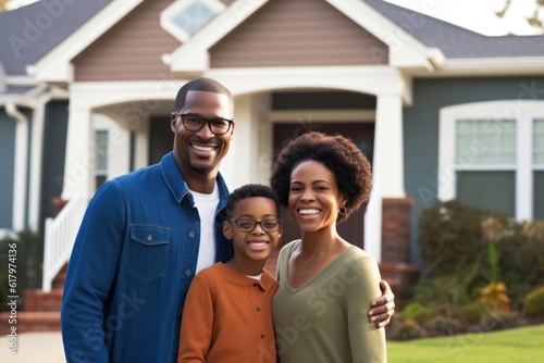 African American family in front of newly bought house ownership smile proudly at real estate success,