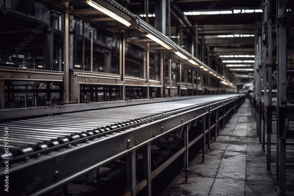 Conveyor belt at the factory close-up, created with Generative AI technology. Conveyor belt at the factory close-up, created with Generative AI technology.