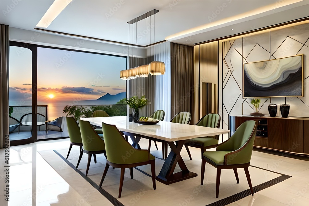 Premium luxury modern dining room with marble table and chairs. Modern villa with sunset view