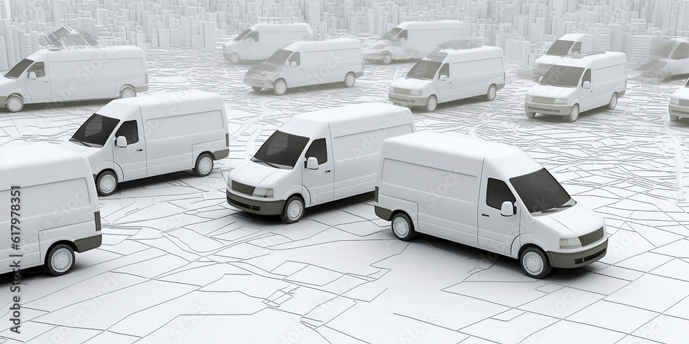 Conceptual image of delivery vans standing on a city map. Generative AI Conceptual image of delivery vans standing on a city map. Generative AI