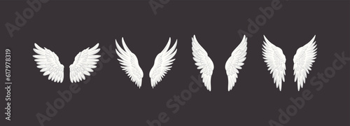 Vector White Flat Wing Icon Set. Vintage Angel Wings, Icons, Design Template, Clipart Collection. Cupid, Bird Wings. Vector illustration
