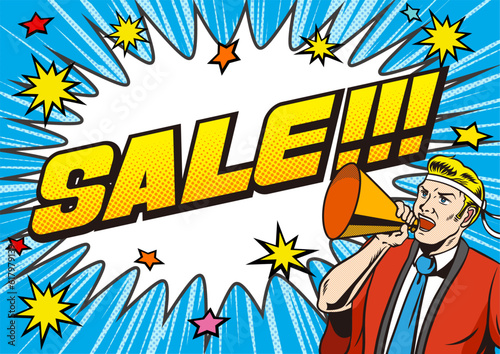 アメコミ風ハッピ販売員SALEポップ（ブルー）
