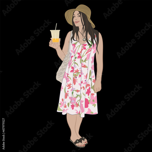 Standing pretty smiling woman in summer dress holding a beverage drink. Cartoon style. On black background.