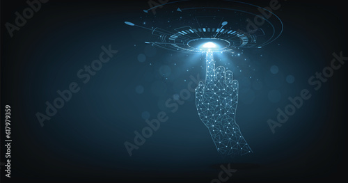 Hand Technologies of the Future. Polygonal Hand mesh image on dark blue background.Futuristic technology. Hi-tech abstract background.