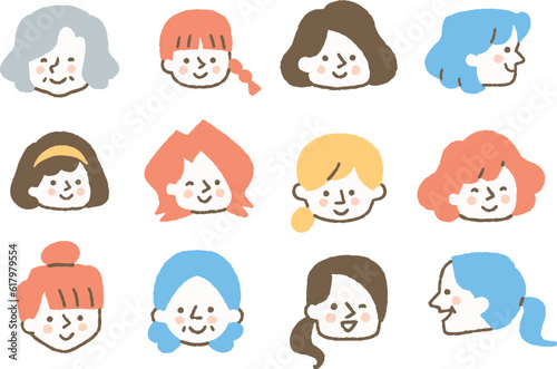 女性の顔アイコン_セット_色