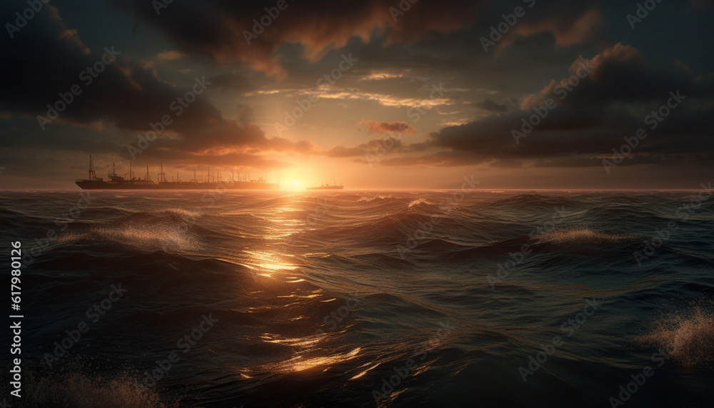 Orange sunset reflects beauty in tranquil seascape, dramatic sky above generated by AI