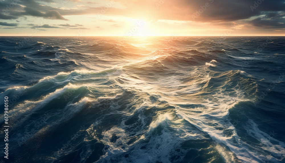 Sunset over the ocean, waves breaking on the sandy shore generated by AI Sunset over the ocean, waves breaking on the sandy shore generated by AI
