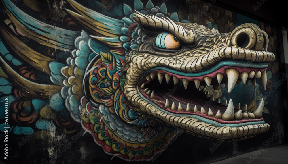 Multi colored dragon statue embodies ancient East Asian culture and mythology generated by AI Multi colored dragon statue embodies ancient East Asian culture and mythology generated by AI