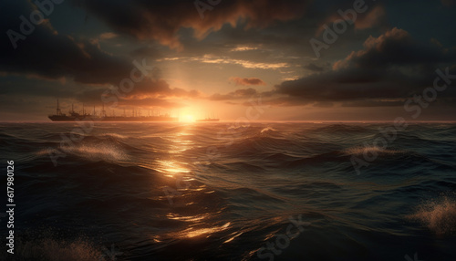 Orange sunset reflects beauty in tranquil seascape, dramatic sky above generated by AI © Jemastock