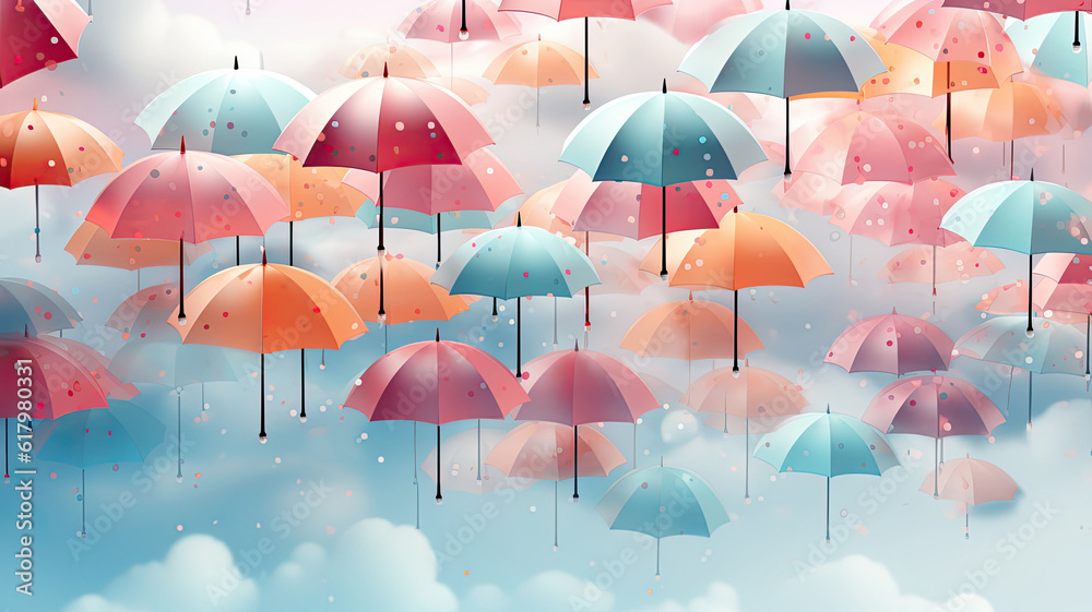 Obraz premium Raining season background Vector Illustration. yellow umbrellas on the raining sky with copy space,ai generative