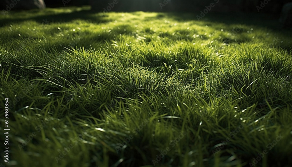 Vibrant green grass in meadow, sunlight highlights growth and freshness generated by AI