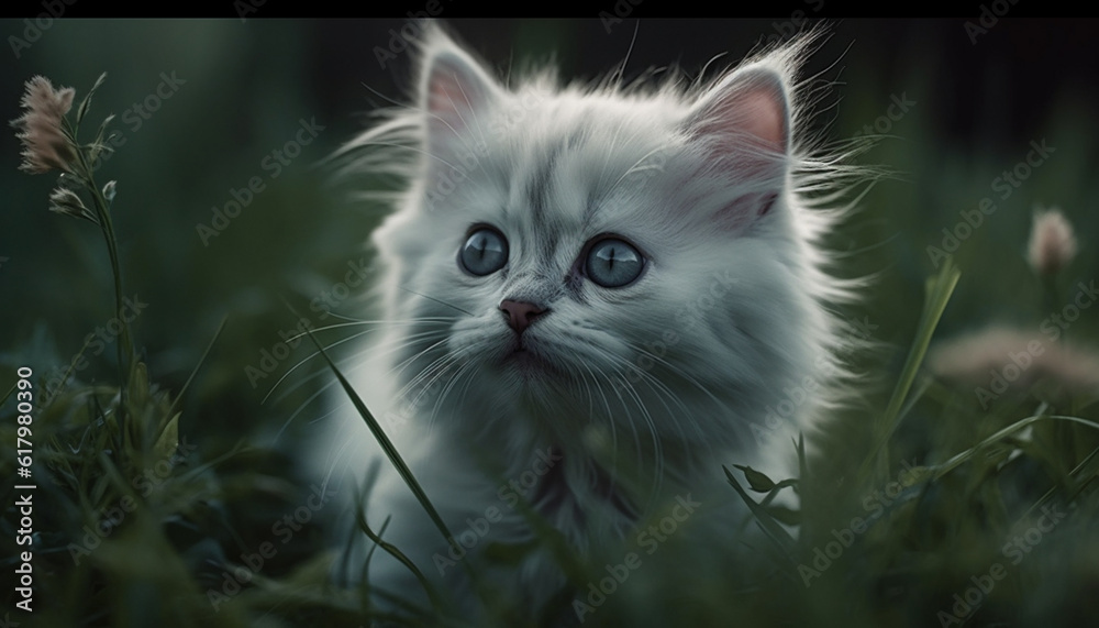 Fluffy kitten staring at camera in green meadow surrounded by nature generated by AI