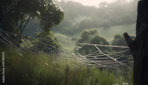 Fresh dew drops on spider web in spooky forest meadow generated by AI