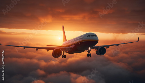 Silhouette of commercial airplane taking off into orange sunset sky generated by AI