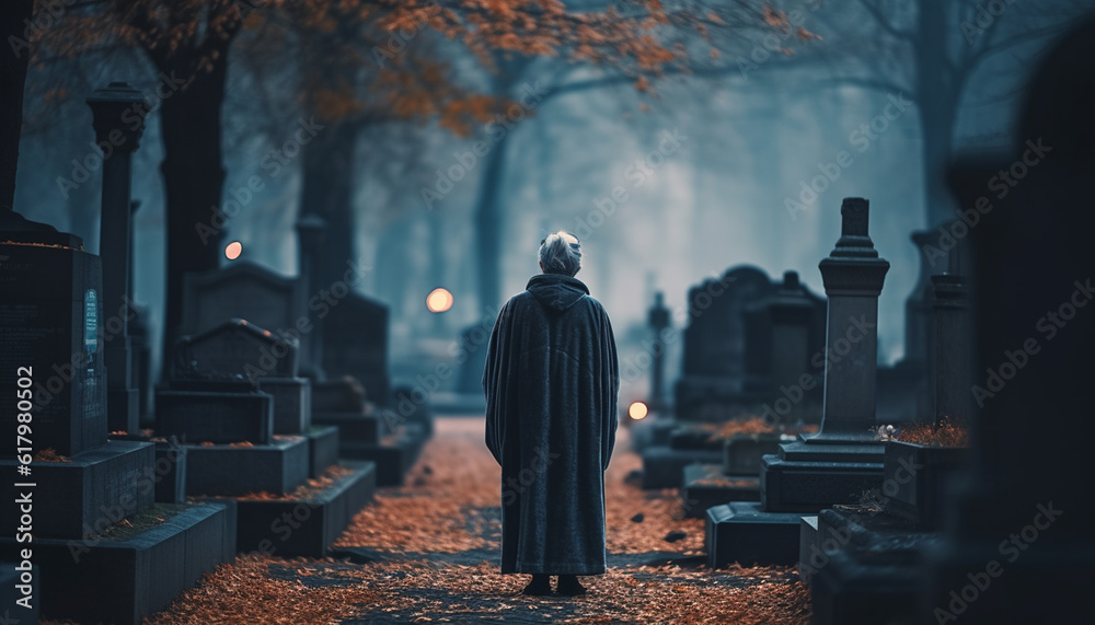 Dark night, spooky tombstone, ghostly lantern, grim reaper walking alone generated by AI