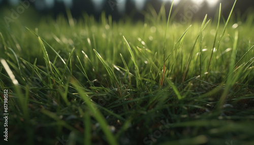 Vibrant green meadow in summer sunlight, dew drops on blades generated by AI