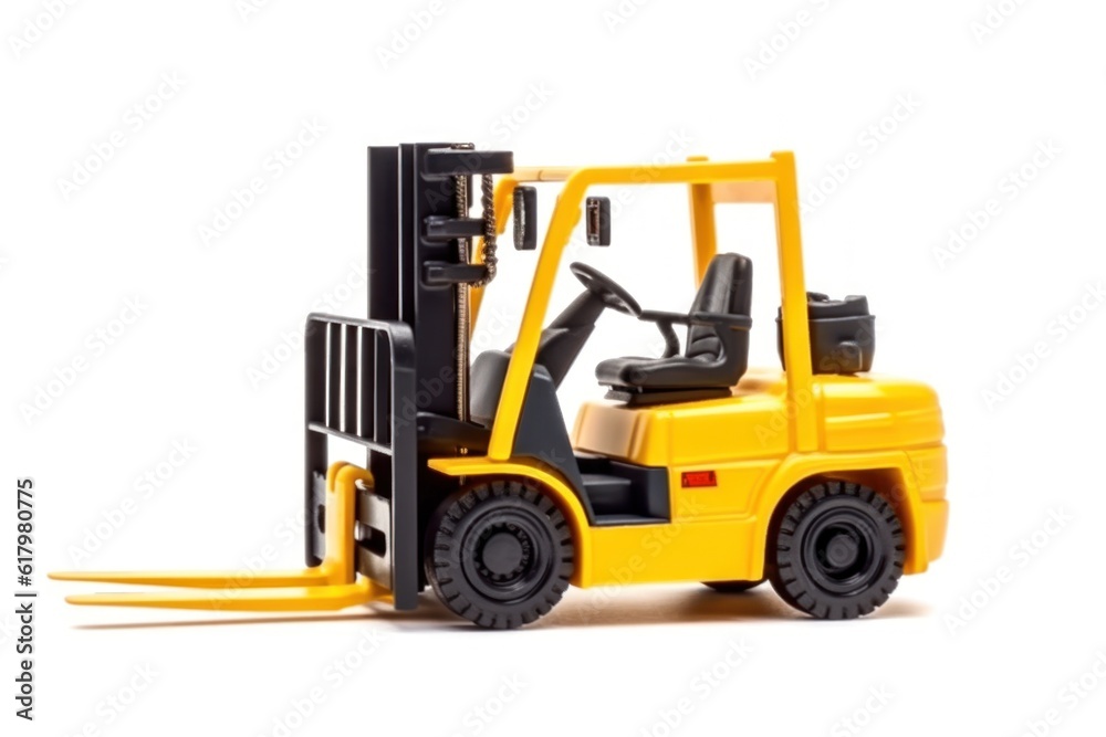 Yellow forklift for use in a warehouse, pivotal for logistics, material handling, and storage, isolated on a white background