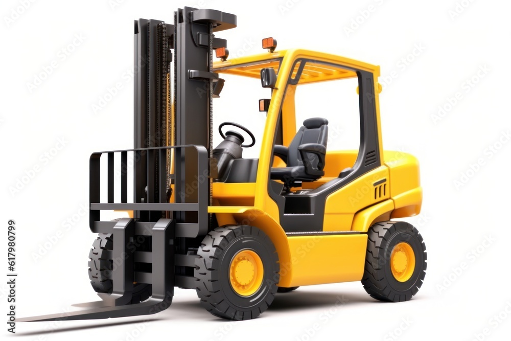 Yellow forklift for use in a warehouse, pivotal for logistics, material handling, and storage, isolated on a white background