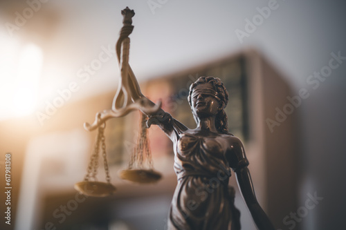 Lady justice,Law theme, mallet of the judge, law enforcement officers, evidence-based cases and documents taken into account Fototapet