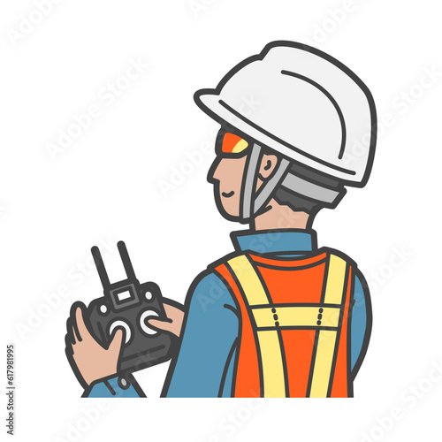 サングラス・ヘルメット・蛍光ベストと安全装備で、プロポを持ちドローンを操縦する作業員・パイロット