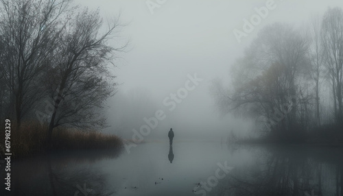 One person walking in solitude through the spooky forest generated by AI