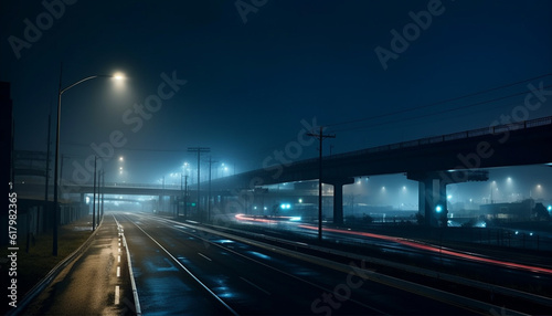 Nighttime traffic on multiple lane highway, illuminated by street lights generated by AI