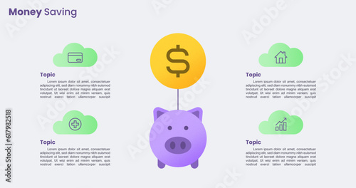 Infographic piggy bank with balloon diagram template for 4 topic money saving concept