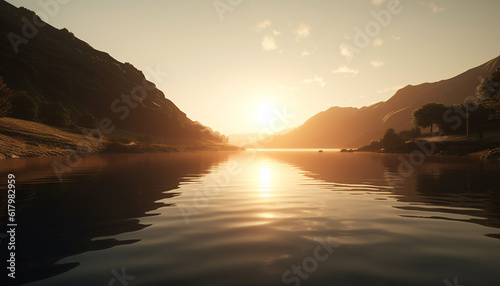 Tranquil sunset over mountain range reflects in calm waters edge generated by AI