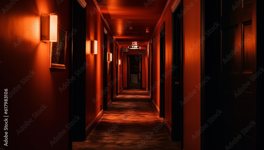 Spooky corridor in modern building, vanishing point leads to mystery generated by AI