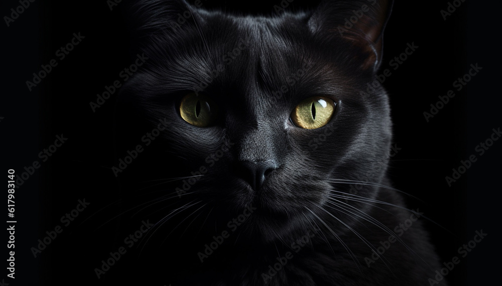 Fluffy kitten staring with cute animal eyes in black studio generated by AI