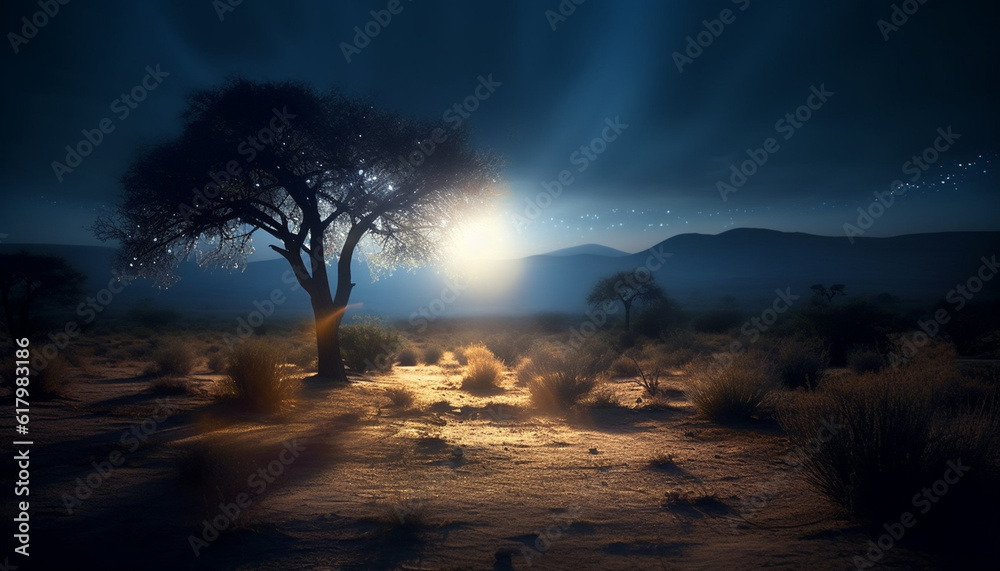 Silhouette of acacia tree in African wilderness, back lit by sunset generated by AI