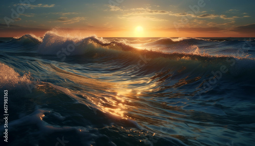 Sunset over majestic seascape, waves breaking on yellow sand generated by AI