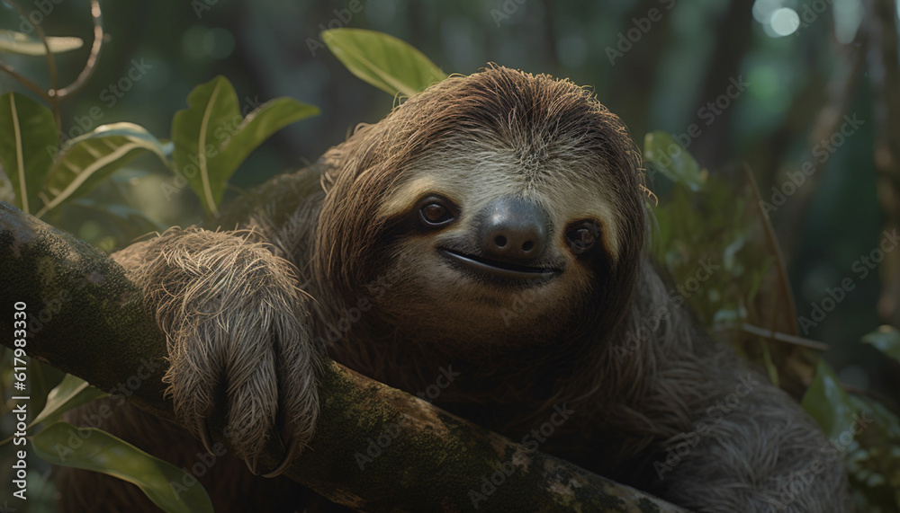 Cute primate sitting on branch, looking at camera in forest generated by AI Cute primate sitting on branch, looking at camera in forest generated by AI