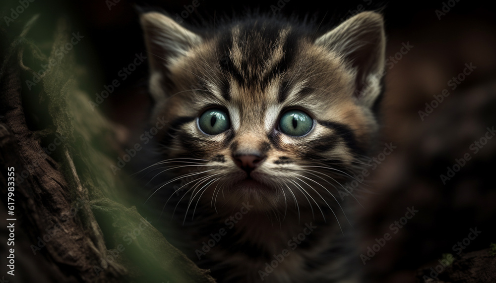 Fluffy kitten staring, green eyes focused on nature beauty outdoors generated by AI