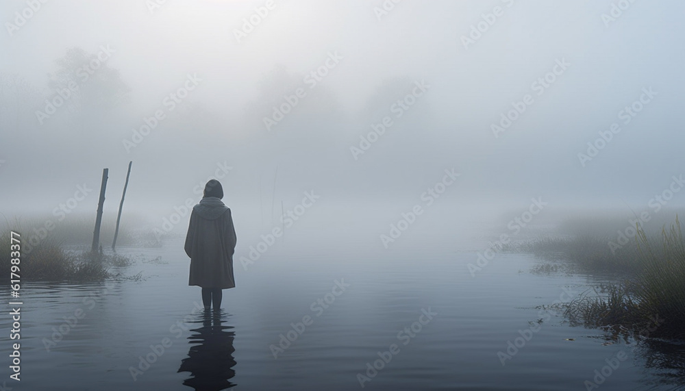 One person standing in tranquil scene, back lit by reflection generated by AI
