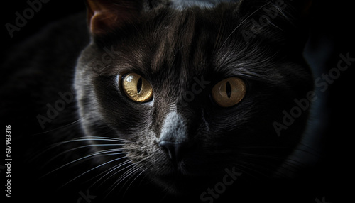Cute kitten staring with blue eyes  fluffy fur  black background generated by AI