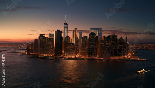Modern skyline illuminates famous financial district waterfront at twilight generated by AI