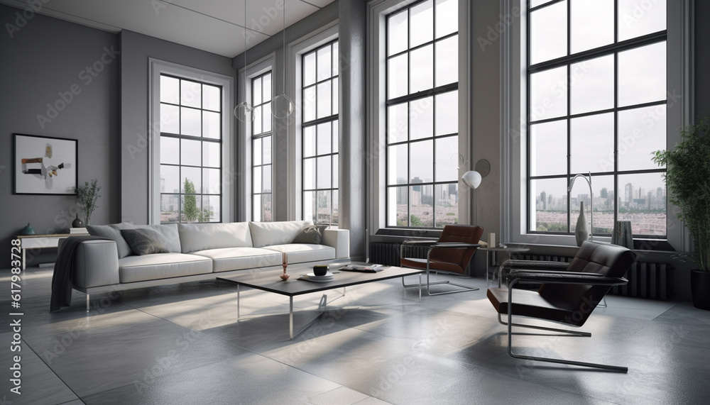 Modern domestic room with bright decor, comfortable armchair, and empty table generated by AI Modern domestic room with bright decor, comfortable armchair, and empty table generated by AI