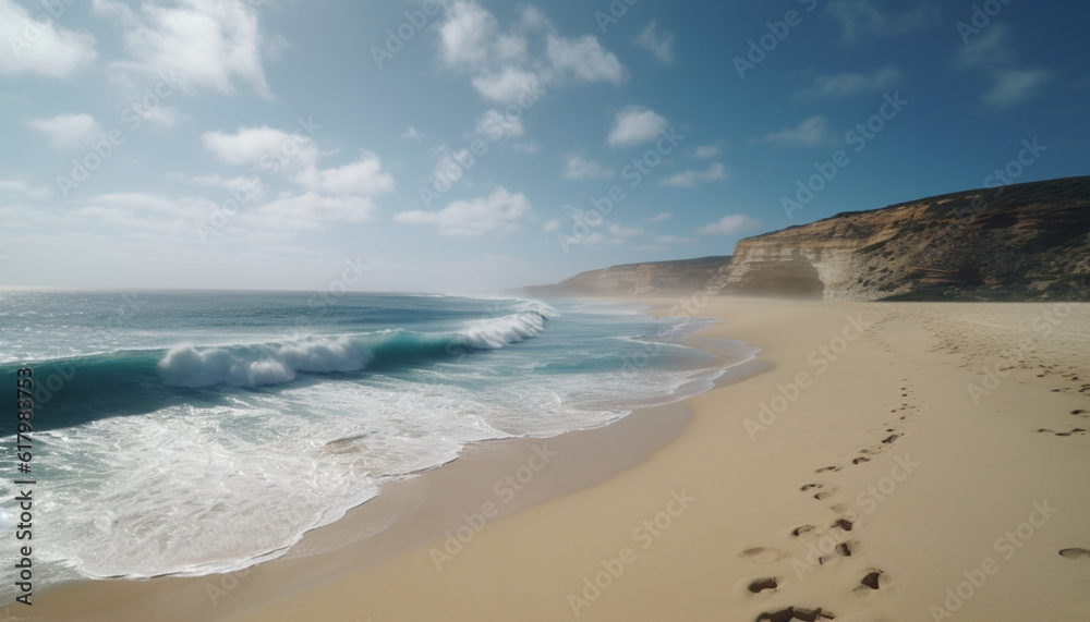 Tranquil coastline, breaking waves, sandy beach, blue waters, idyllic sunset generated by AI