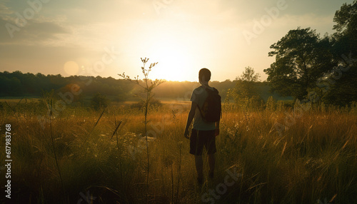 One person hiking outdoors in tranquil mountain meadow at sunset generated by AI