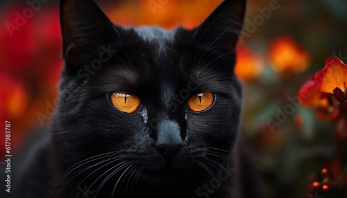Playful kitten staring at camera in spooky autumn night outdoors generated by AI