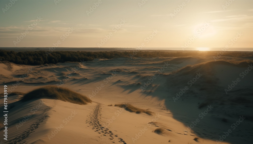 Tranquil sunset over remote African sand dunes and mountain range generated by AI