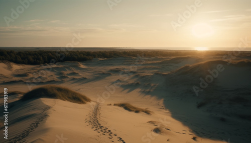 Tranquil sunset over remote African sand dunes and mountain range generated by AI