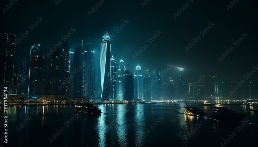 Modern skyline illuminates waterfront city with famous architecture and transportation generated by AI
