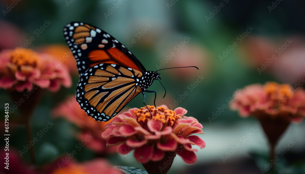 Fototapeta premium Vibrant monarch butterfly pollinates multi colored flower in natural beauty generated by AI