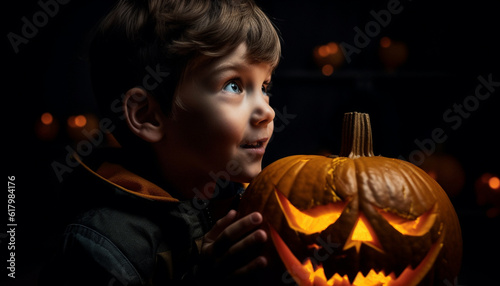 Cute child smiling with joy, holding spooky pumpkin lantern at Halloween party generated by AI