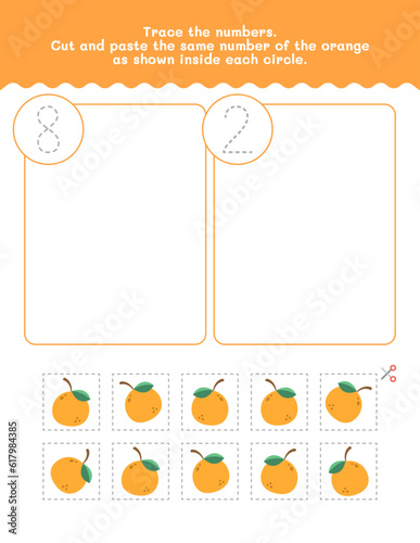 Eight And Two Count And Tracing Number Worksheet. Cut And Paste Worksheet With Pictures. Premium Vector Element.