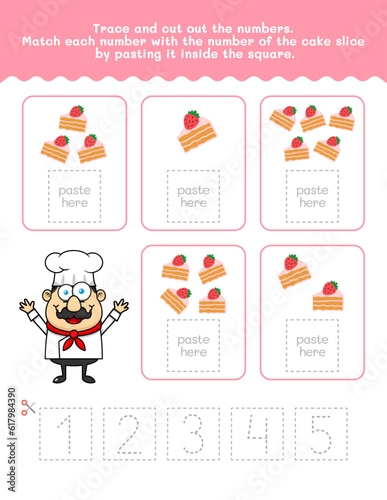 One to Five Number And Word Tracing Worksheet. Cut And Paste Worksheet With Cake Pictures. Premium Vector Element.